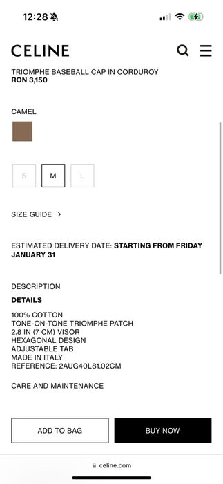 Sapca Celine Triomphe Baseball Corduroy M noua originala