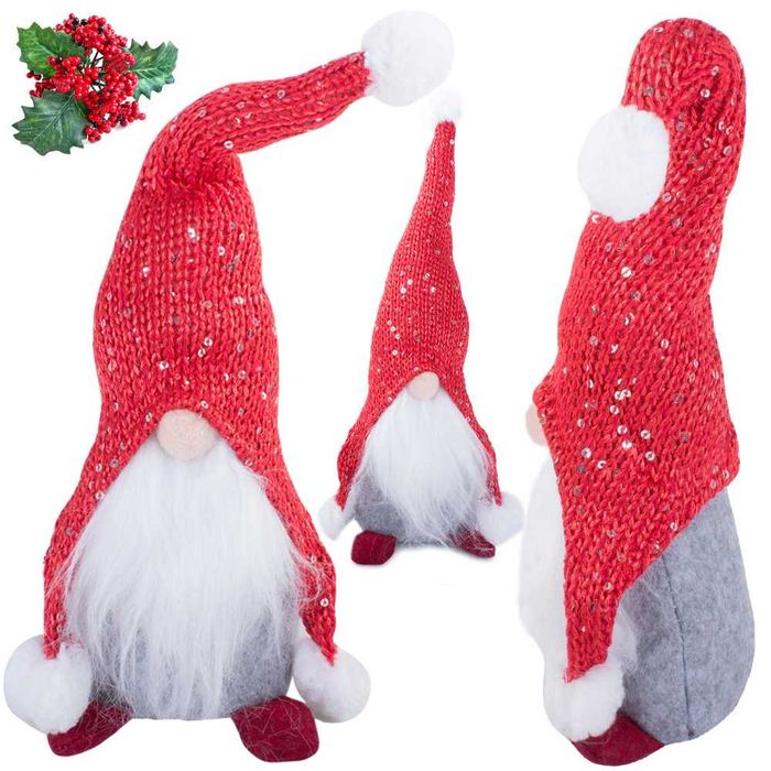 Decoratiune craciun gnom cu palarie si barba lunga 30 cm rosu-gri