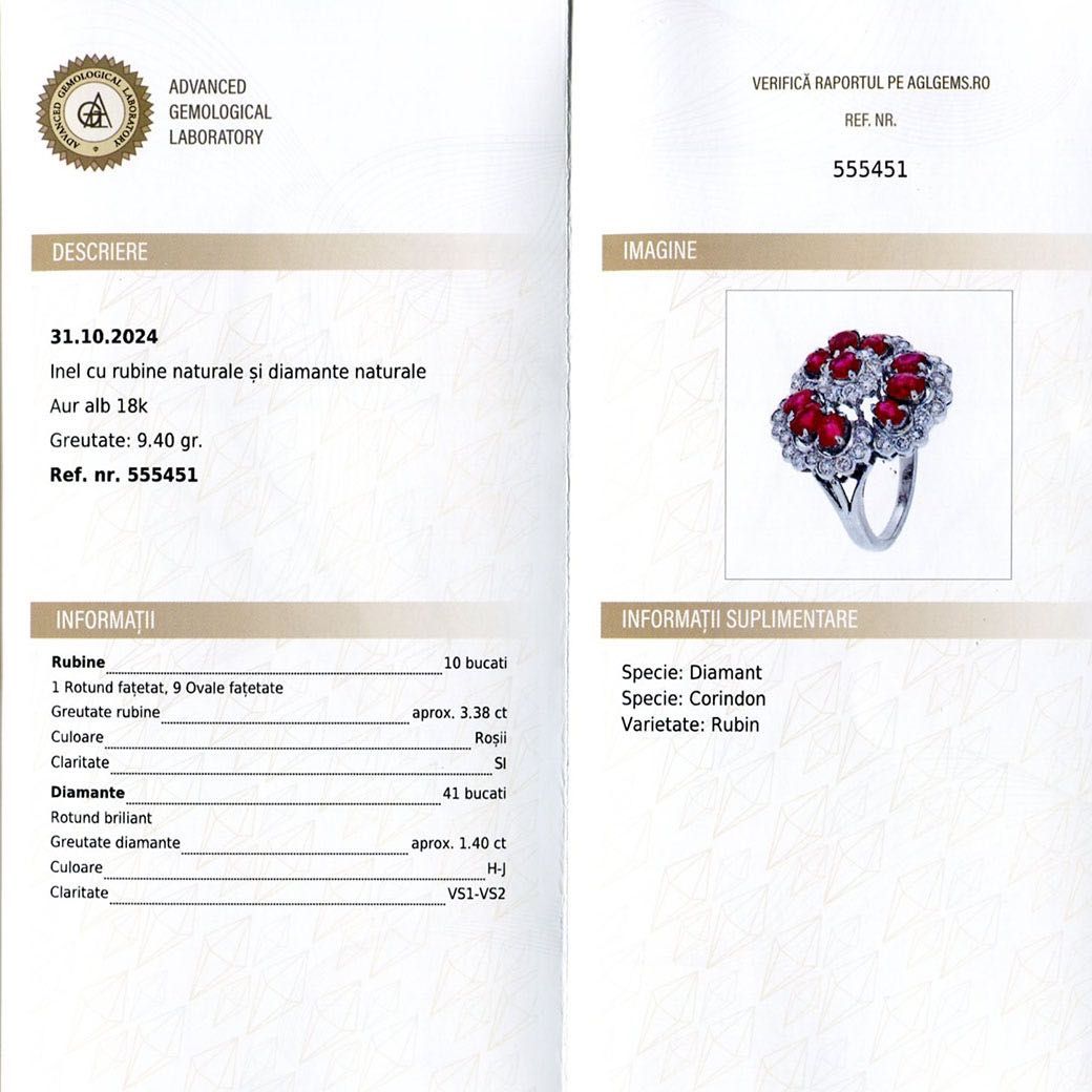inel de cocktail, aur 18k, rubine, diamante