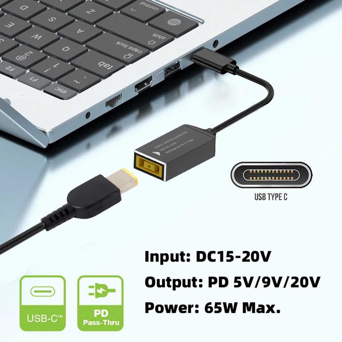 Adaptor incarcator laptop Lenovo IBM USB-C la mufa dreptunghiulara 65w