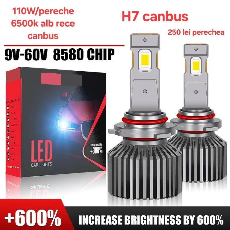 Set 2 becuri LED H7 H3 H1 H4 H11 HB4 H15 alb rece canbus 12.000 lumeni