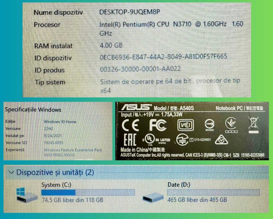 Laptop ASUS 15.6 inch, Windows Original, 4GB RAM, SSD + HDD, IMPECABIL