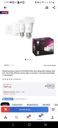 Vand pachet cu bridge 2x becuri e27 Rgb philips hue