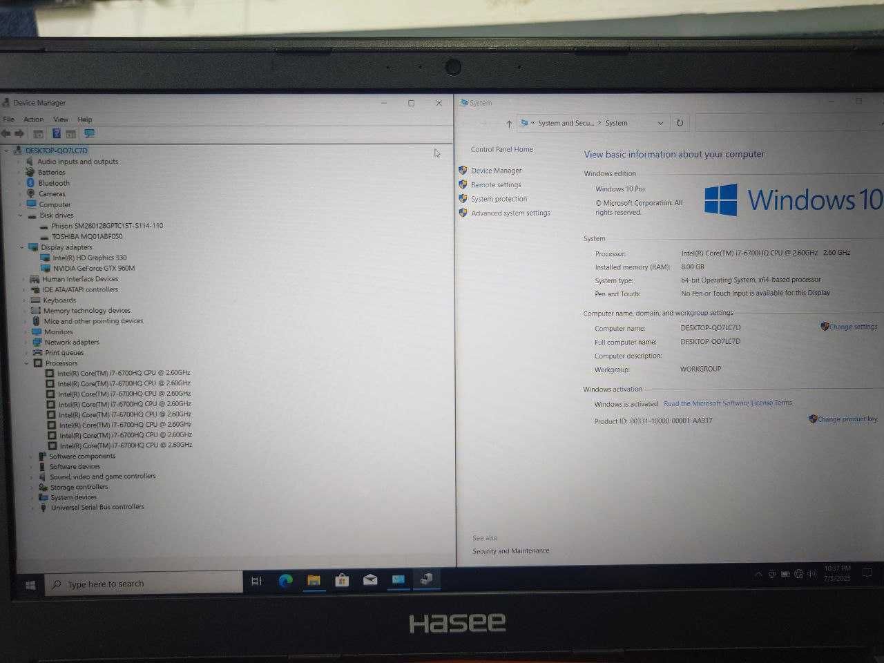 Hasee Gaming Laptop Core i7-6700HQ/8GB RAM/128+500GB/GTX960 2GB/15.6