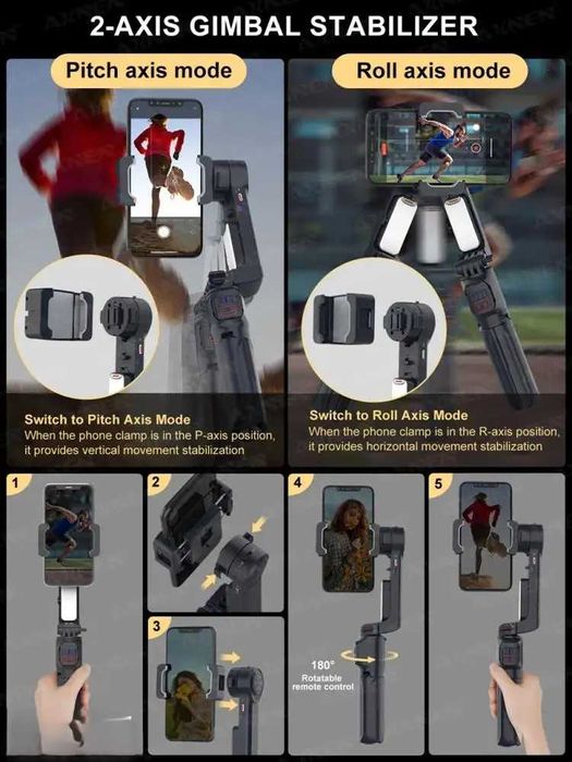 Stabilizator GIMBAL cu 2 axe + selfie stick cu lumina de umplere A10
