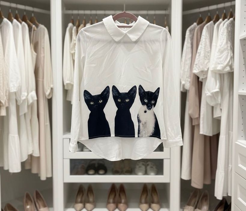 Бяла риза с котки - S М размер