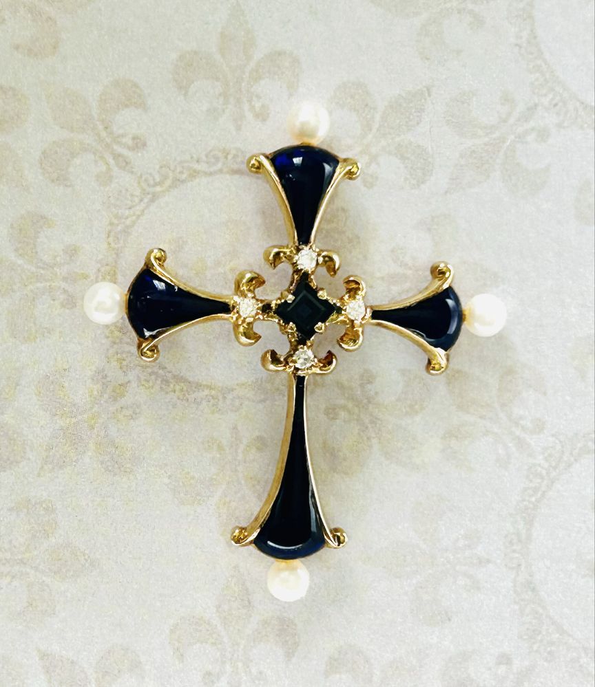 Cruciulita Faberge din aur 14K, email, diamante, perle, safir