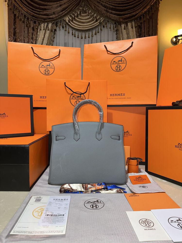 Geanta Hermes Birkin 35cm LightBlue/Accesorii Silver/Piele/Punga/Cutie