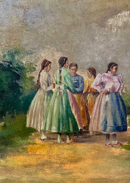 ”CINCI DOMNISOARE” Tablou F VECHI semnat, ulei/pânză, 75x55cm+Ramă