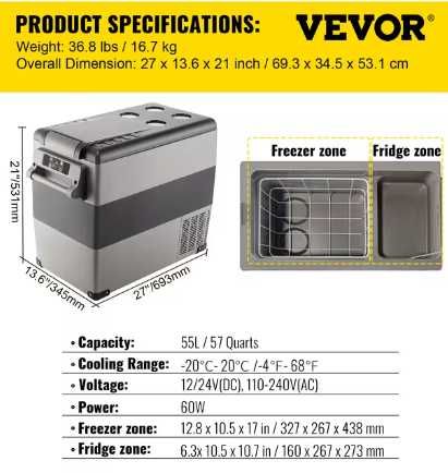 НОВ Хладилник с фризер за кола/къмпинг 55 L от -20Сдо+4С