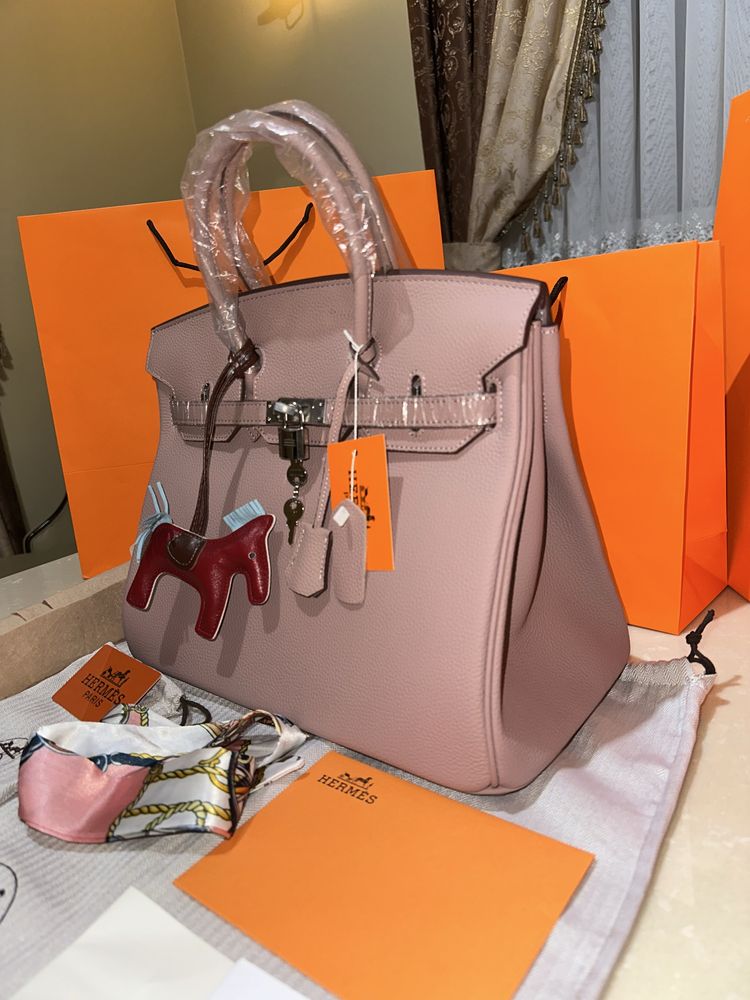 Geanta dama hermes birkin 35cm nude cu accesorii argintii cadou c:30