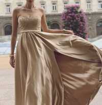 Уникална сатенена шаферска рокля, цвят капучино