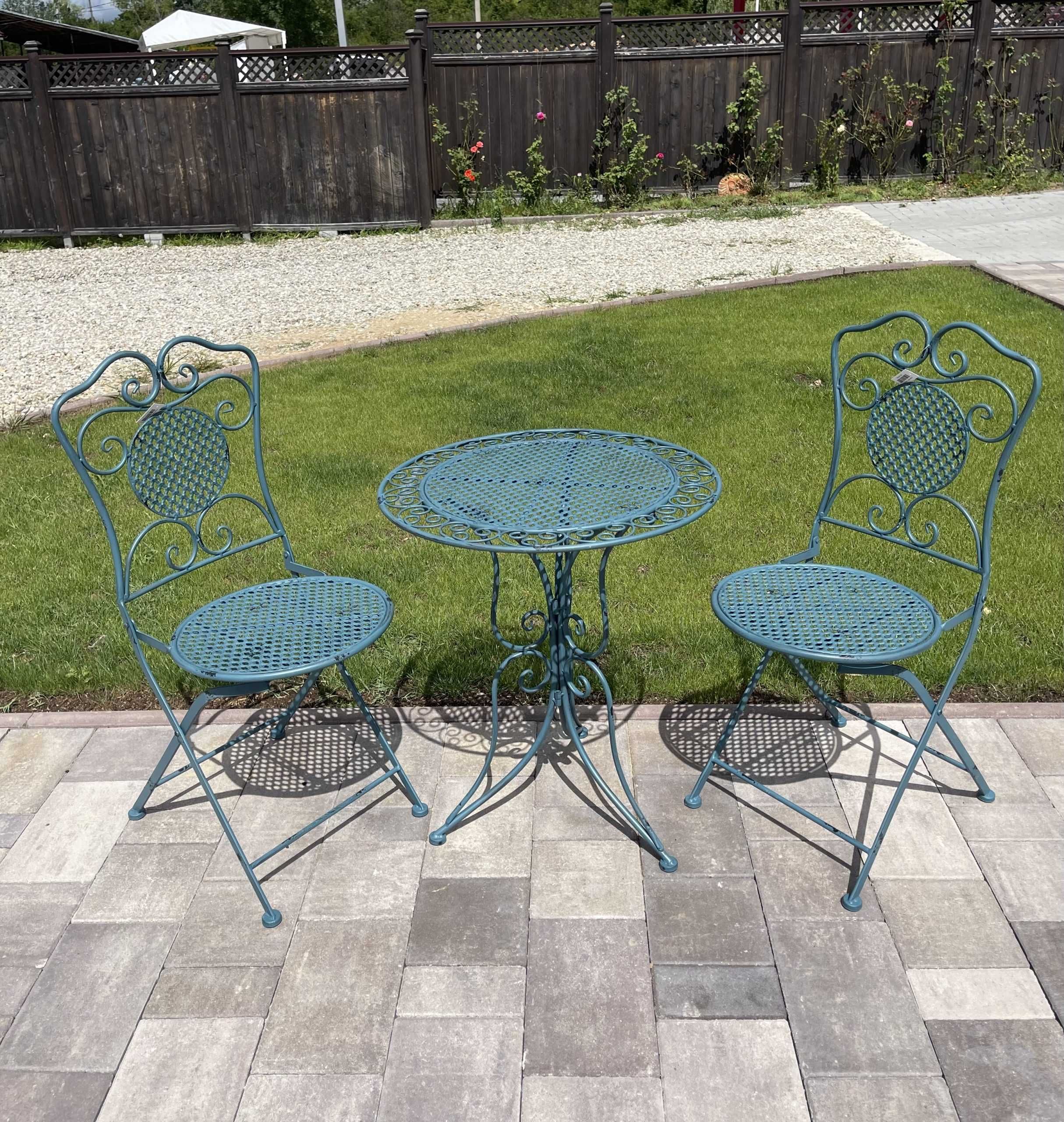 Set masa cu scaune de gradina, Albastru/ Alb / Maro / Verde , fier.