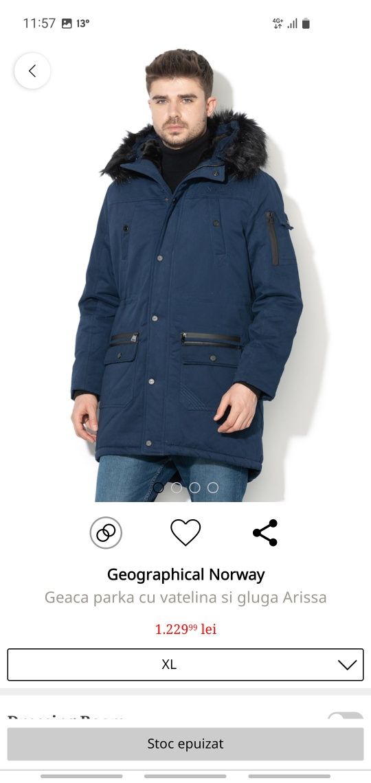 Geaca parka cu vatelina Geographical Norway - noua - bărbătească- XL