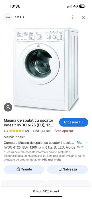 Masina de spalat Indesit cu uscator Made in Italy folosita 10 luni