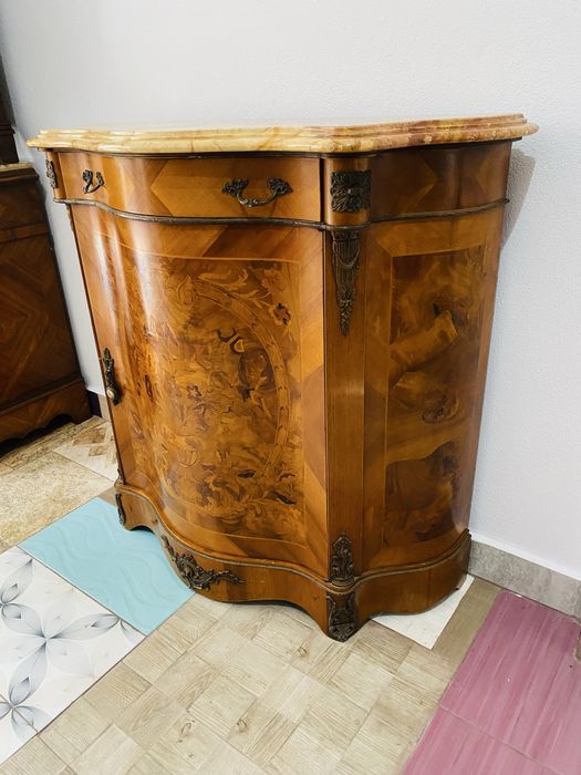 Comoda Lemn Masiv Bronz Intarsie Marmura Vintage