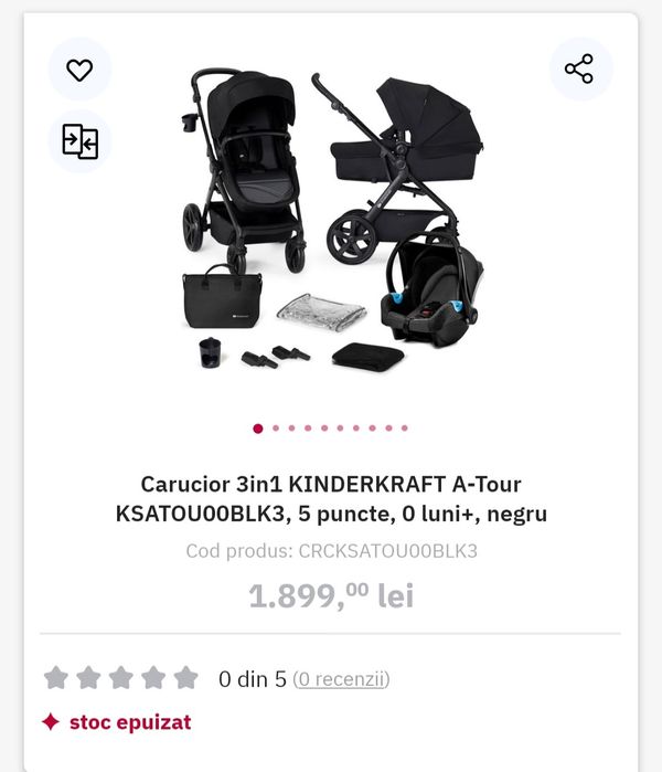 Carucior 3in1 KINDERKRAFT A-Tour KSATOU00BLK3, 5 puncte, 0 luni+,