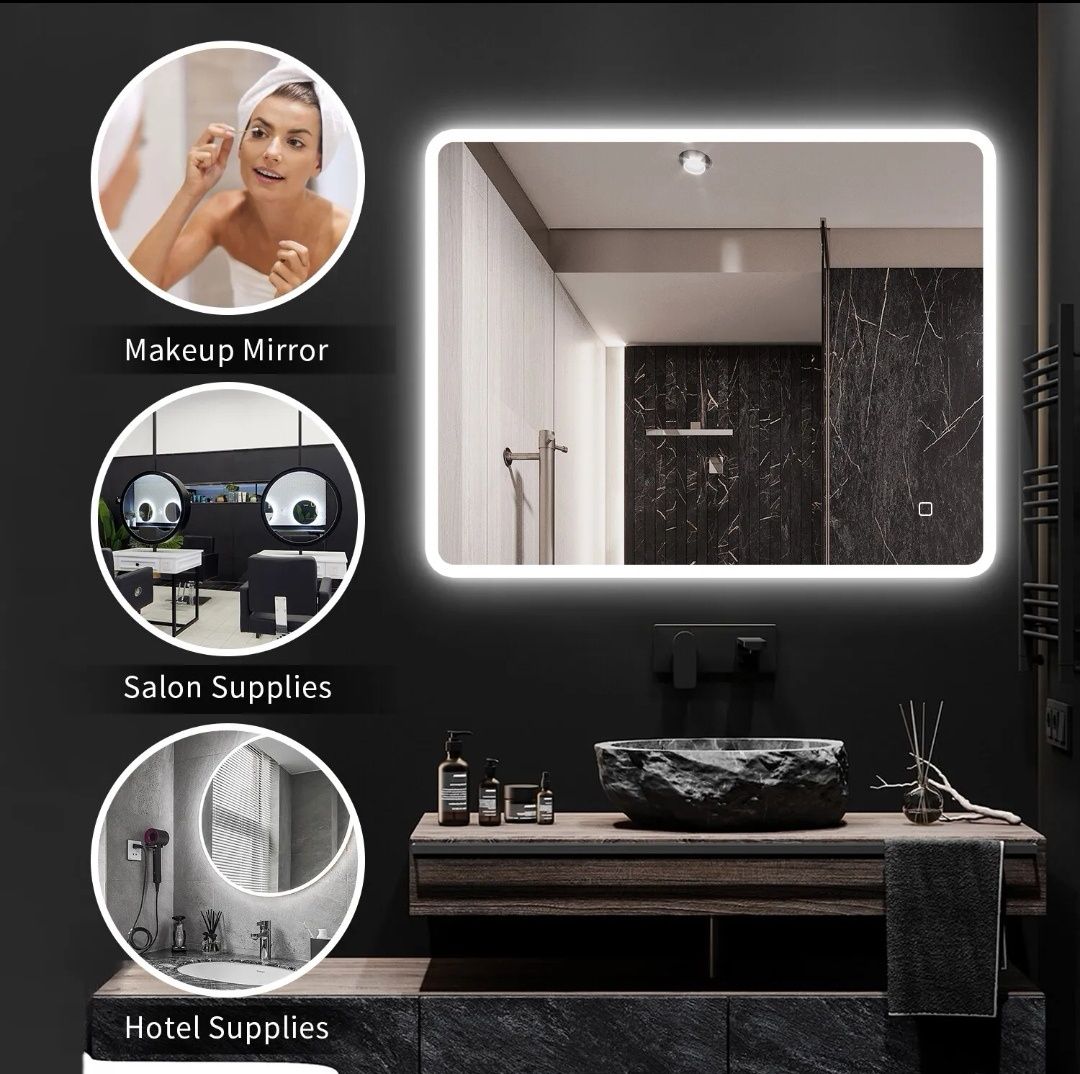 Огледало за баня 80×60 с музика(bluetooth) LED осветление и подгряване