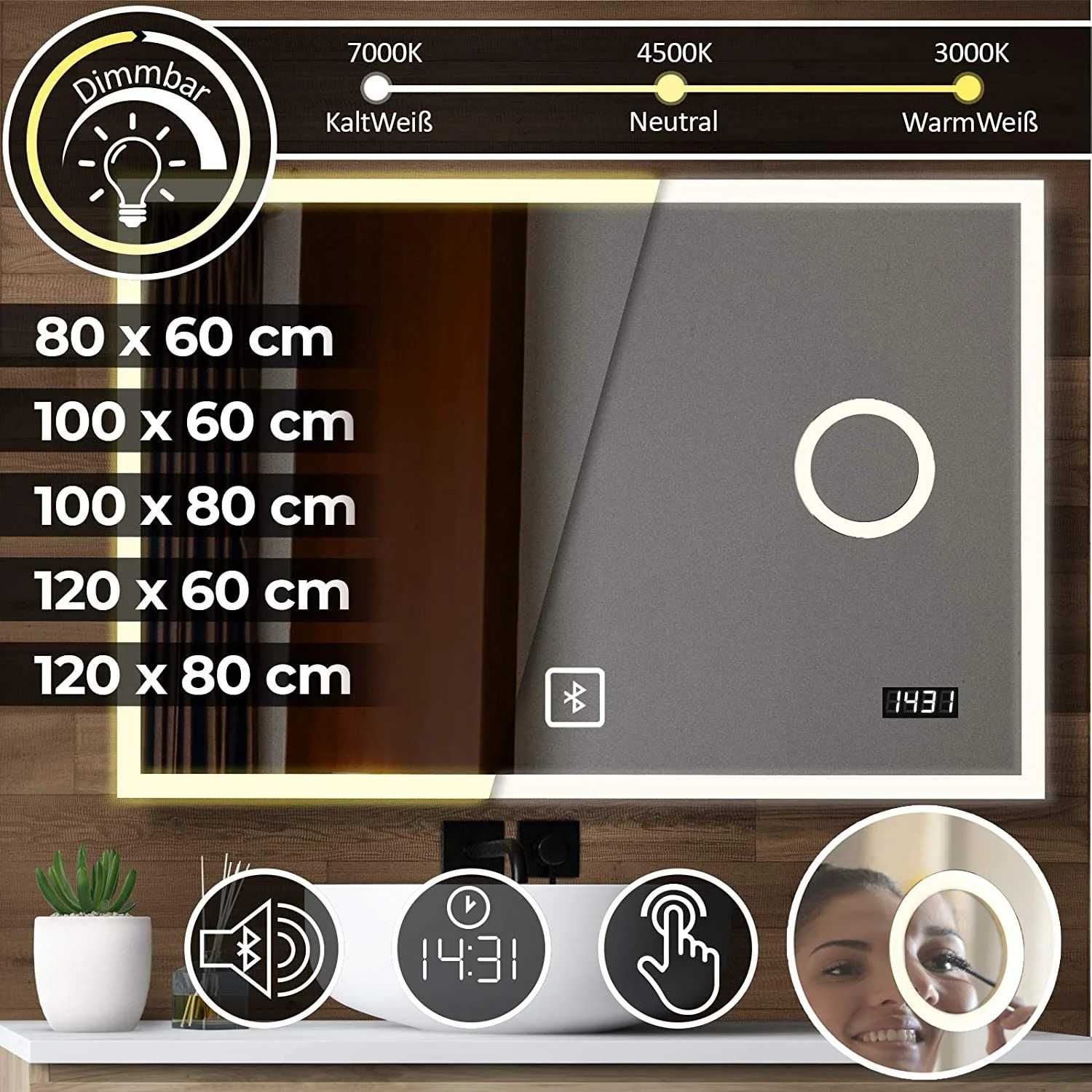 *Oglinda de baie, iluminare LED, clasa A++, difuzor bluetooth, 80 x 60