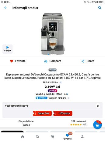 Espressor automat De'Longhi Cappuccino, Carafa pentru LatteCrema