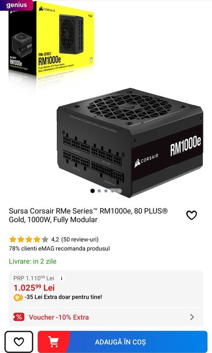 Sursa gaming Corsair RM1000X putere 1000W 80 Plus Gold