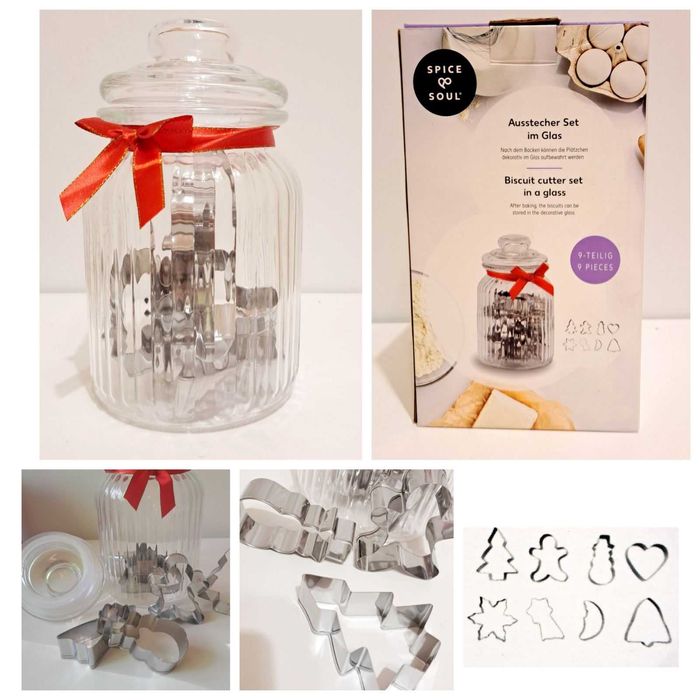 НОВИ! Стъклен буркан за коледни бисквити сладки + 8 броя форми стомана