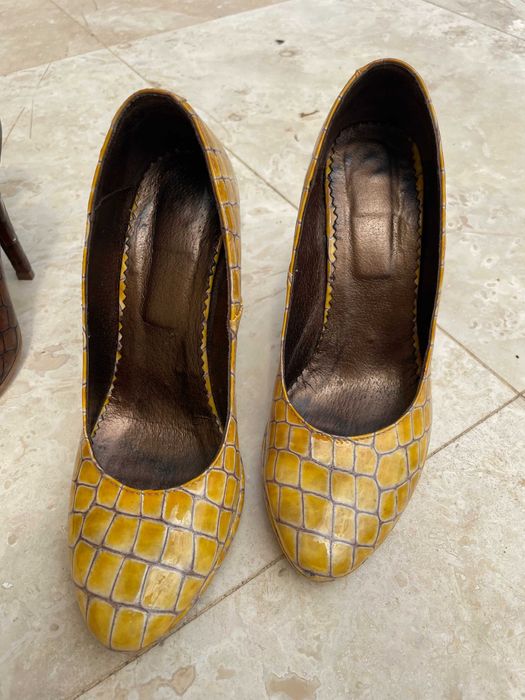pantofi stiletto din piele de crocodil, premium, maro si galbeni, 36