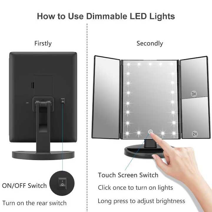 Oglinda de machiaj cu 22 de lumini LED, cu ecran tactil
