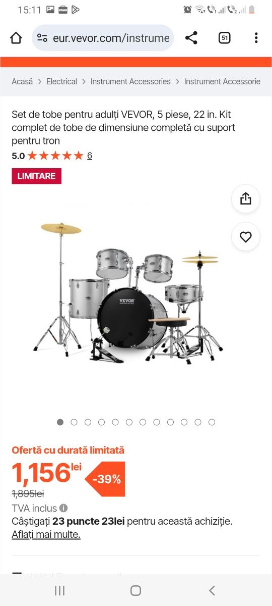 Set de tobe pentru adulți VEVOR, 5 piese, 22 in. Kit complet de tobe d