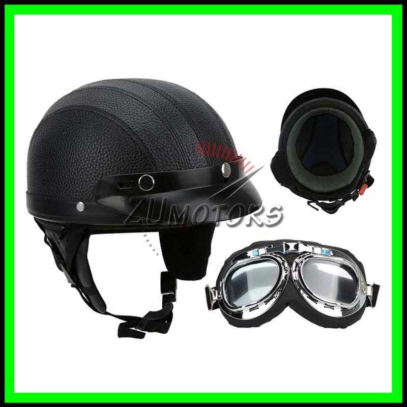 Casca moto Retro scuter Vespa Chopper Piele + Ochelari WW2 - Negru