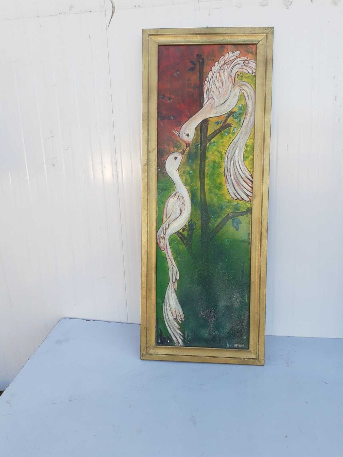 Стара картина с рамка Елена Николова 1990г Птици на дърво. Върху фазер