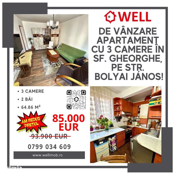 De vânzare apartament cu 3 camere în Sfântu Gheorghe, str Bolyai János