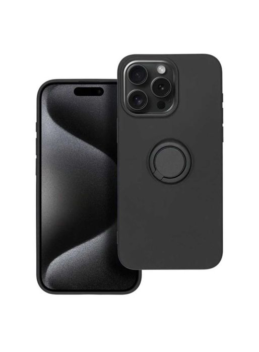 Husa cu inel iPhone 16 . 16 Plus . silicon negru / interior catifelat