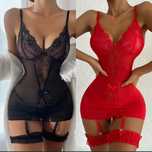 Costum Sexi, Lenjerie Sexi Dantela cu portjartiere și Tanga rosu/negru