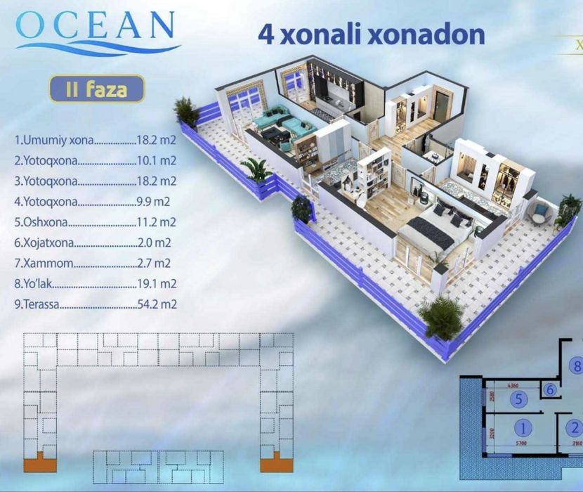 Xonsaroy Ocean 4-x xonadon, 4/10/16, 108 m2 sotiladi korobka