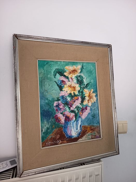 Tablou Deosebit Pictat "Vaza Cu Flori" Artist Italian Semnat