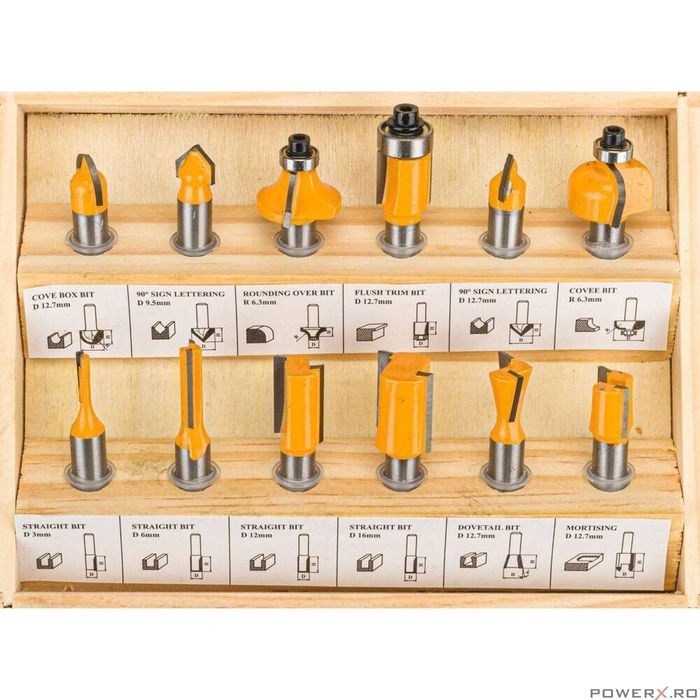 Set 12 freze lemn profesionale pentru freza, oberfreza prindere 8 mm,