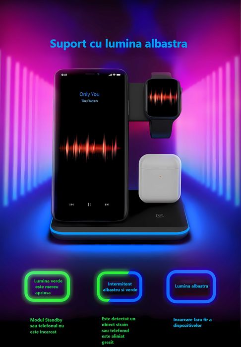 Incarcator telefon Wireless 3in1 15 W, Compatibil , Suport incarcare