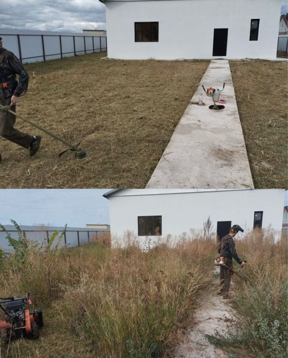 Скос  травы  газона триммером шөп шабу цена договорная опыт имеется