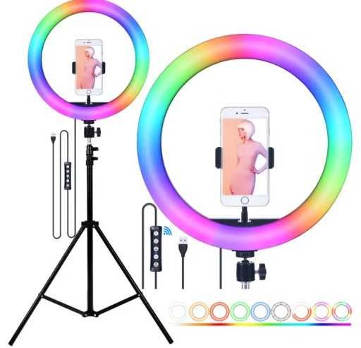 Многоцветен RGB LED ринг със статив - стойка трипод за телефон