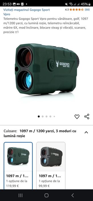 Telemetru Gogogo Sport Vpro pentru vânătoare, golf, 1097 m/1200 yarzi,