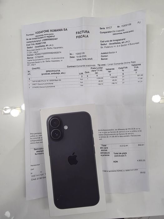 Iphone 16 5G Black 128Gb NOU Sigilat Factură 2 ANI GARANȚIE