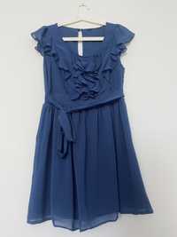 Rochie elegantă bleumarin cu volănașe S
