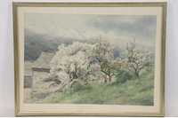 Cireși înfloriți Acuarelă semnată E. Kato Japonia 1906-1972
