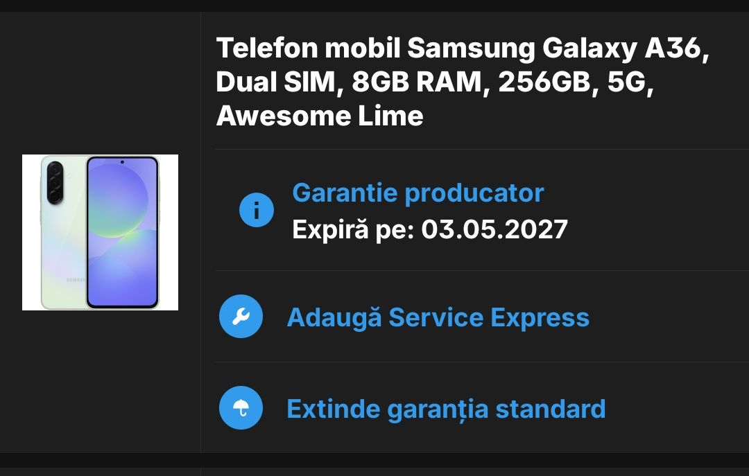 Vând /Schimb Samsung Galaxy A36 256 GB/8 GB RAM , Garanție 2027 eMag