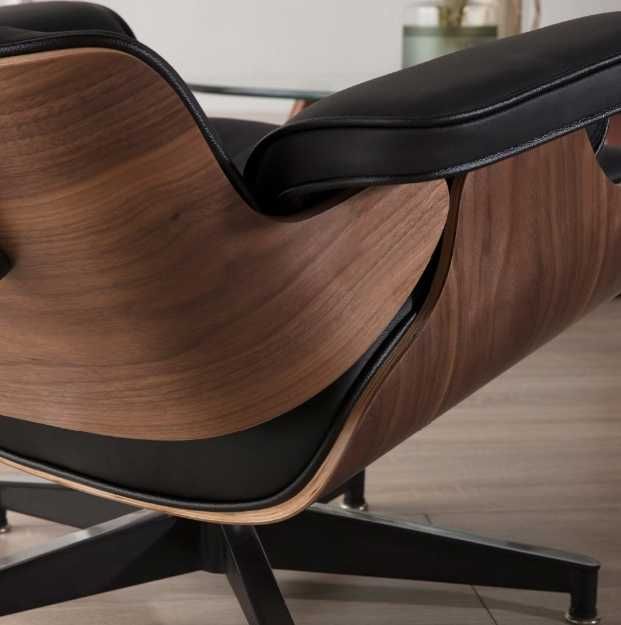 Fotoliu Eames Lounge Chair cu Otoman furnir nuc piele neagra