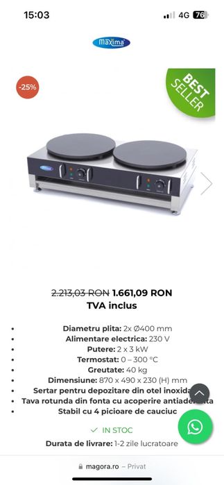 Plita clatite dubla  profesionala /masa rece si masa inox