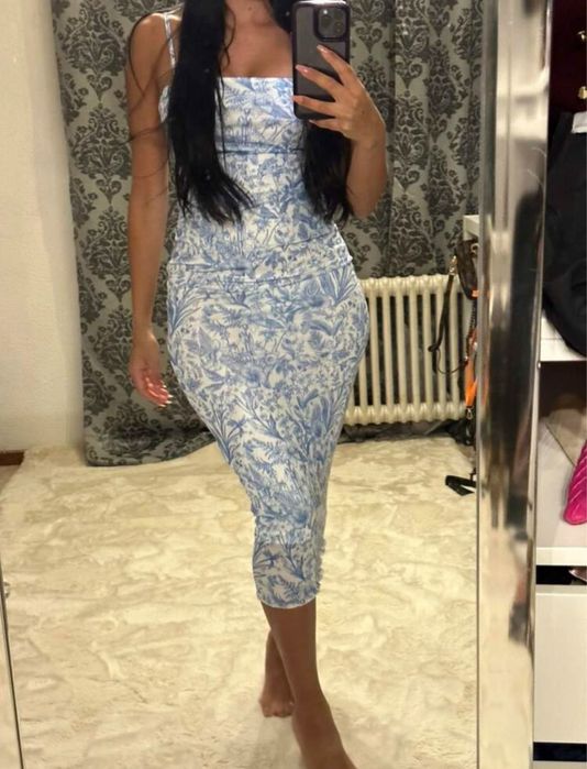 Лятна синя рокля по тялото с презрамки секси по модел на Диор