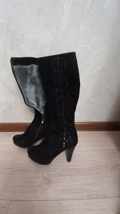 Сапоги женские, черные, замшевые