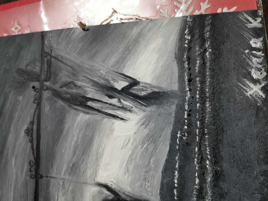 Tablou original ulei pe lemn, alb-negru, Fantome în parc